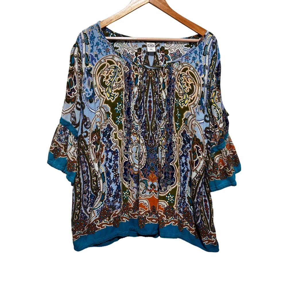 Bila Women Boho Tunic Top XXL Blue Teal Paisley‎ Bell Sleeve Indie Folk Peasant
